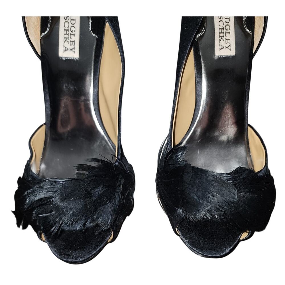 Badgley Mischka Gisella d'Orsay Peep open toe feather Evening Black Pumps 9.5 - Picture 3 of 8